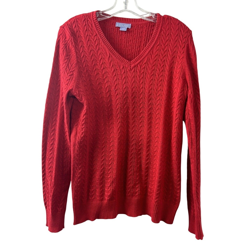 Laura Scott Womens Red Cable Knit V-Neck Long Sleeve Sweater Size Medium